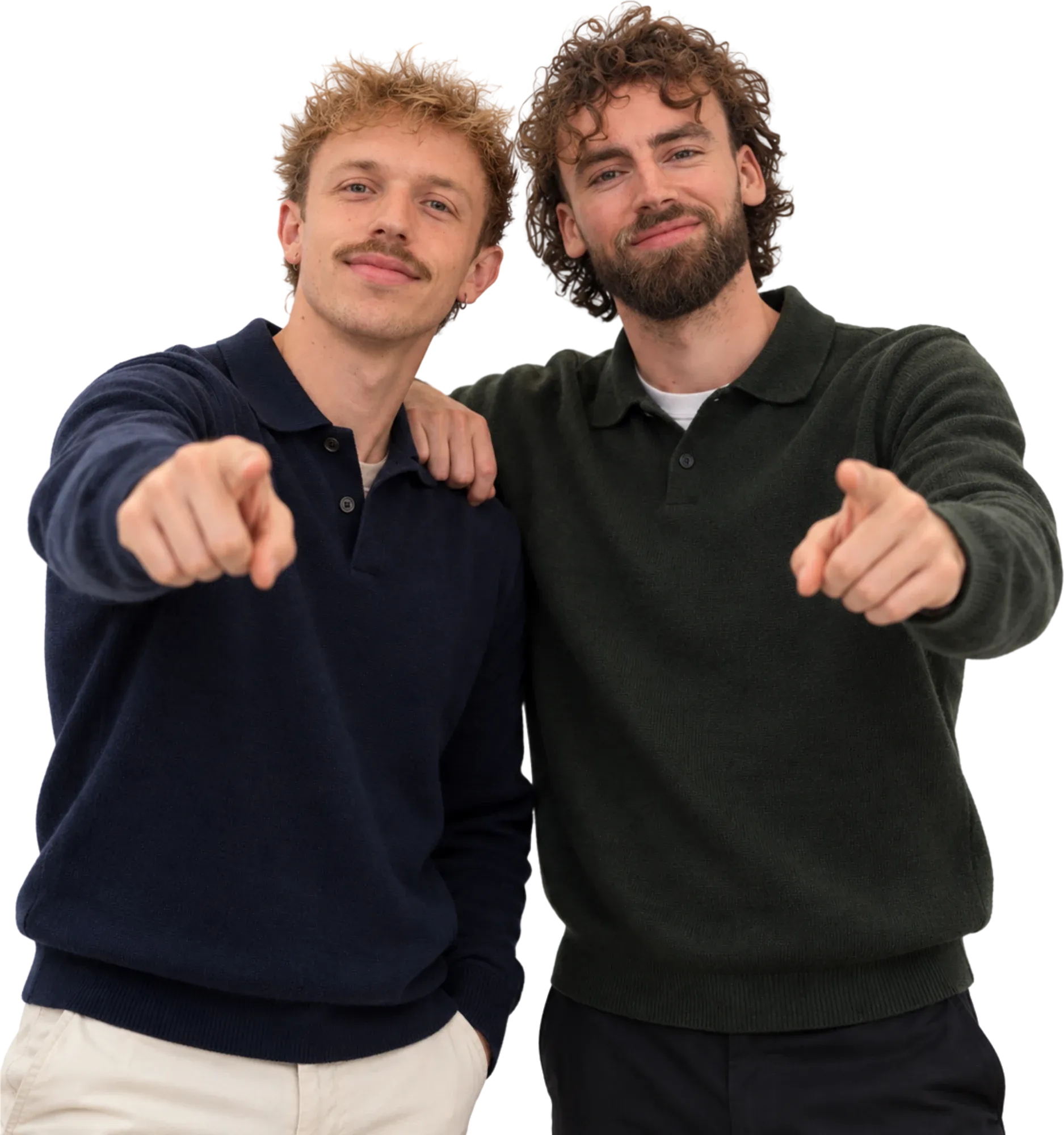 Timo Blaauw and Floris van den Assum, the two founders of Traffic To Talks, pointing at the camera