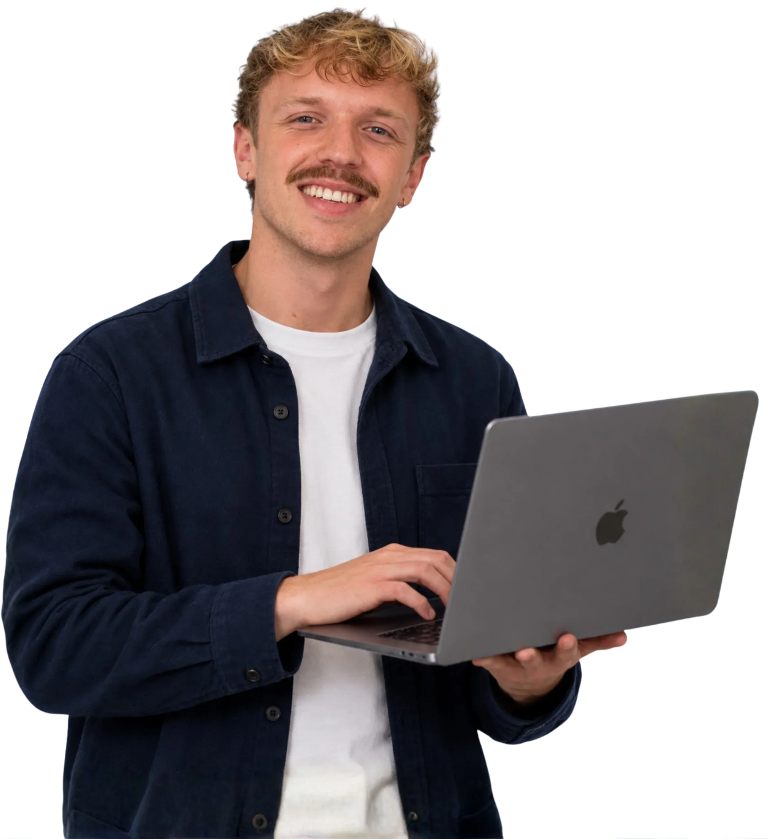 Timo Blaauw, co-founder of Traffic To Talks, working on a laptop